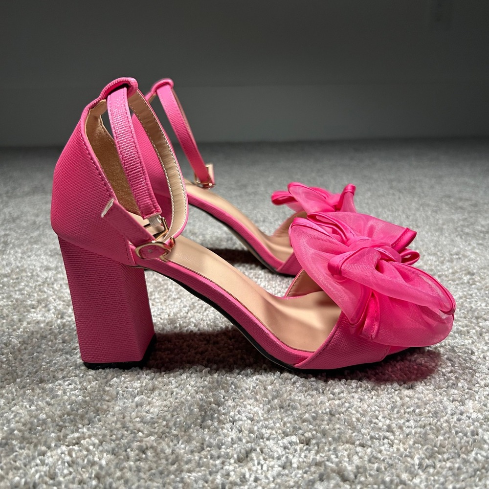 Hot Pink Block Heel Sandals Oversized Organza Bow Ankle Strap Size 38 EU - Picture 2 of 7